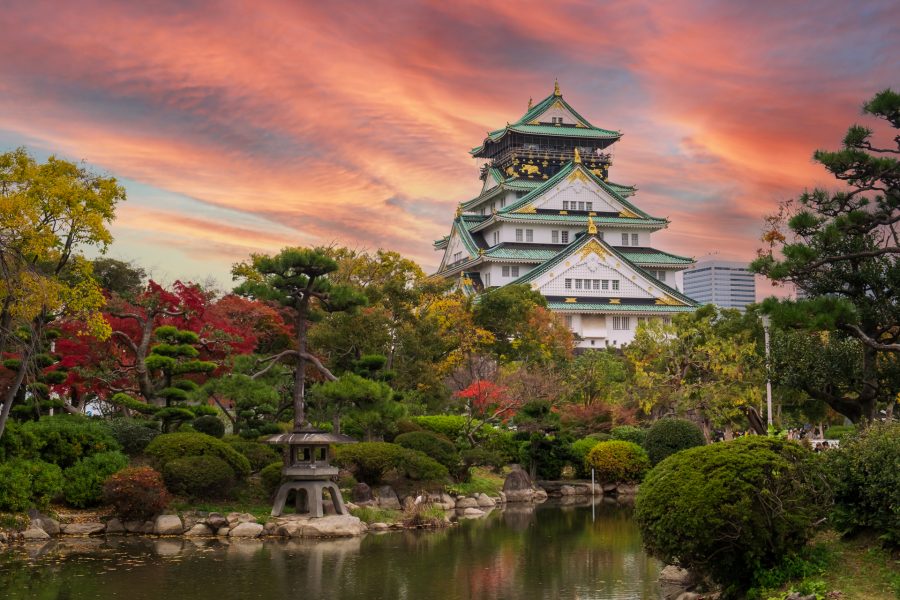 Osaka castle in Autumn foliage season, is a famous Japanese castle, landmark and popular for tourist attractions in Osaka, Kansai, Japan