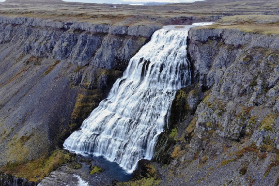 Aerial view of Dynjandi, also called Fjallfoss, a huge waterfall in Vestfirdir.