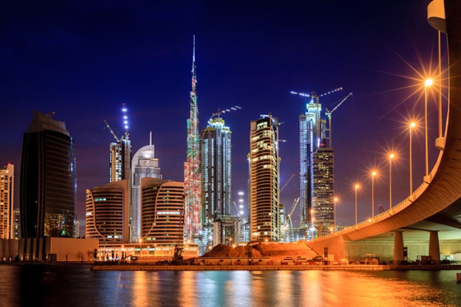 View of Dubai downtown skyline at night