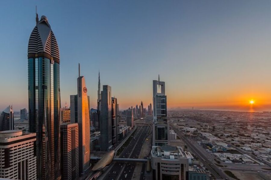 Aerial view of Sheik Zayed Road in Dubai photographed at sunset in November 2016