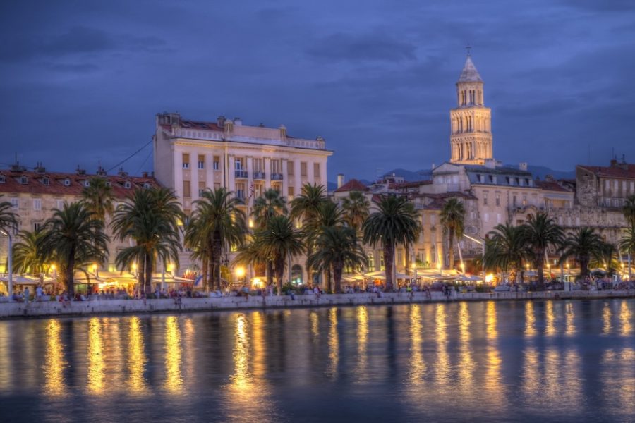 Nighttime view on Riva waterfront, houses and Cathedral of Saint Domnius, Dujam, Duje, bell tower in old town, Split, Croatia, HDR