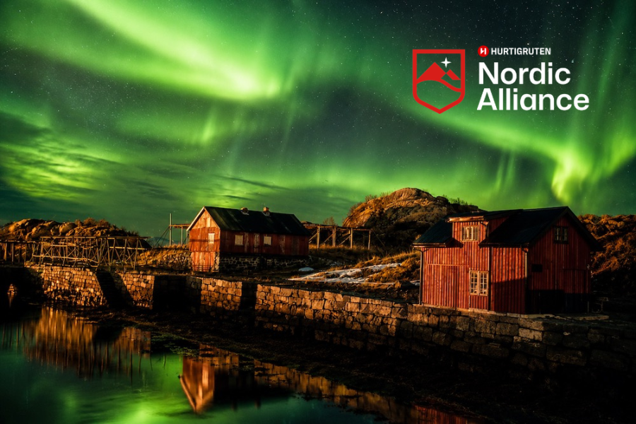 Hurtigruten - Northen Lights of Fishing Cabin with Nordic Alliance Logo