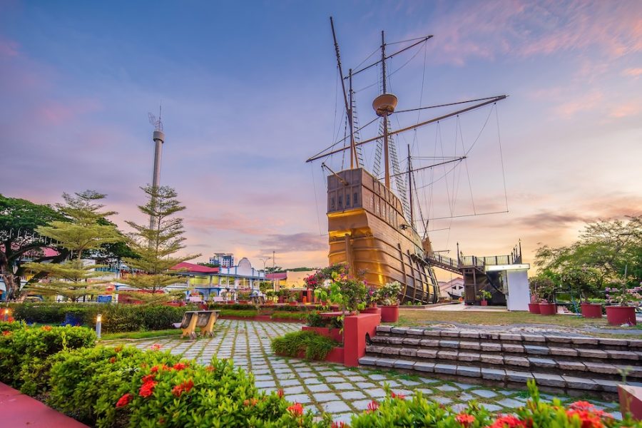 The old town of Malacca, Melaca and the Malacca river. UNESCO World Heritage Site in Malaysia at twilight