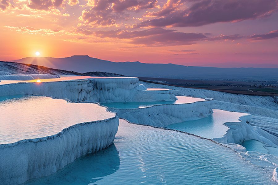 Mineral rich baby blue thermal waters in white travertine terraces on a hillside in Pamukkale, Turkey. Sunset outdoors spa in nature, travel destination, relaxation and calmness landscape