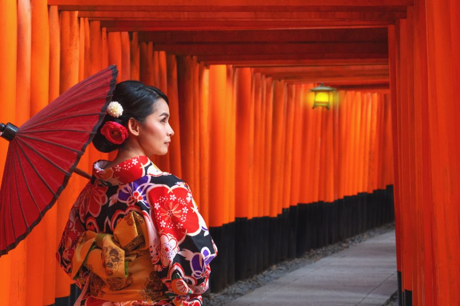 Women in traditional japanese kimonos walking at Fushimi Inari Shrine in Kyoto Japan Kimono women and umbrella Kyoto_edited