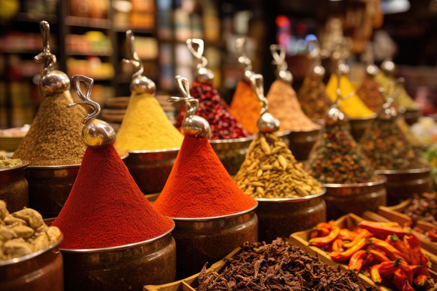 Spices on the bazaar in Istanbul, Turkey. Selective focus, Egyptian Bazaar in Istanbul offers a wide selection of ready to sell spice varieties, AI Generated