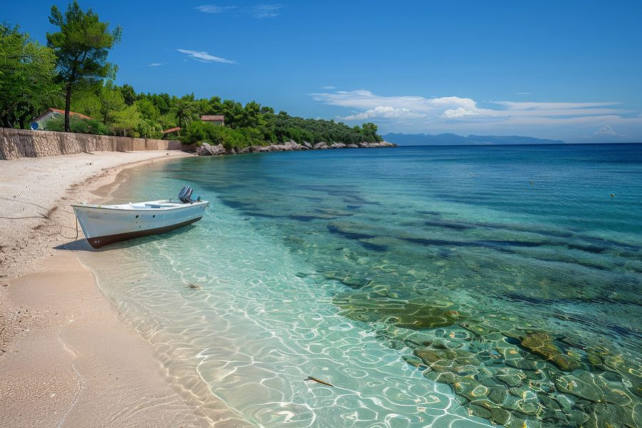 A serene beach with crystal clear water and a small boat anchored nearby