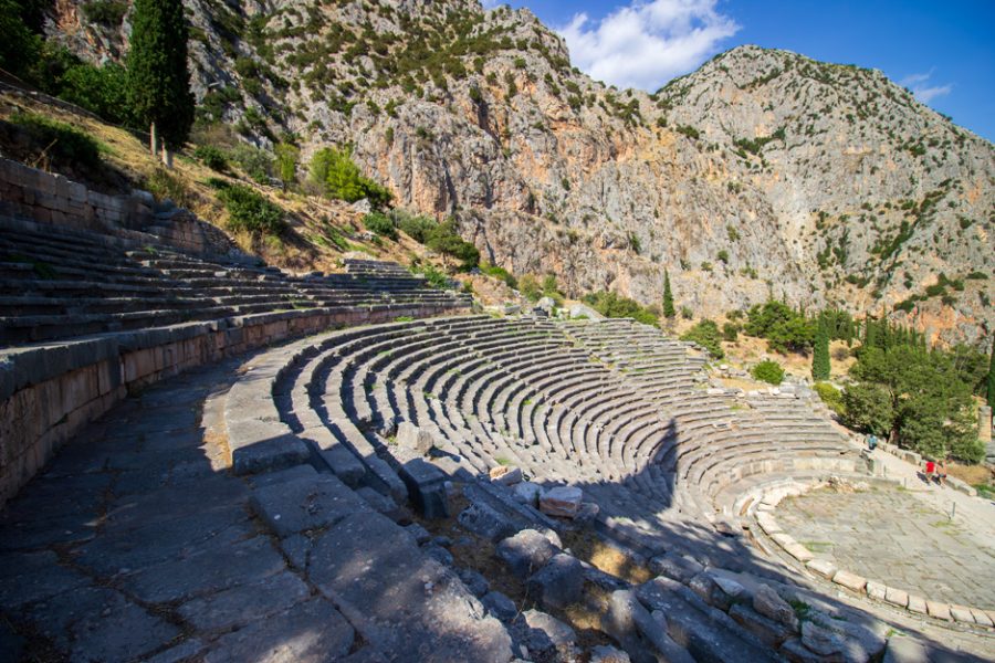 Ancient amphitheater of Delphi. Archaeological site in Greece. Greek religious sanctuaries to the god Apollo. UNESCO World Heritage. View of ancient Delphi theater. High quality photo