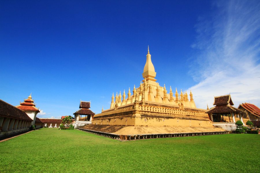 Beautiful great golden Pagoda at Wat Pha That Luang Temple at Vientiane province, Laos