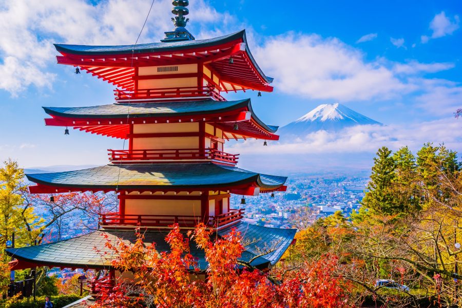 Beautiful landscape of mountain fuji with chureito pagoda around maple leaf tree in autumn season at Yamanashi Japan