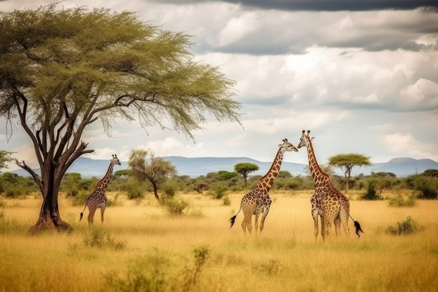 Giraffes savannah tree bushes. Travel tree. Generate Ai