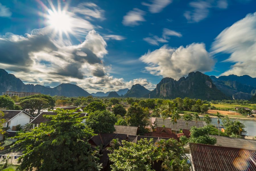 Landscape and viewpoint at nam song river in Vang vieng, Laos.