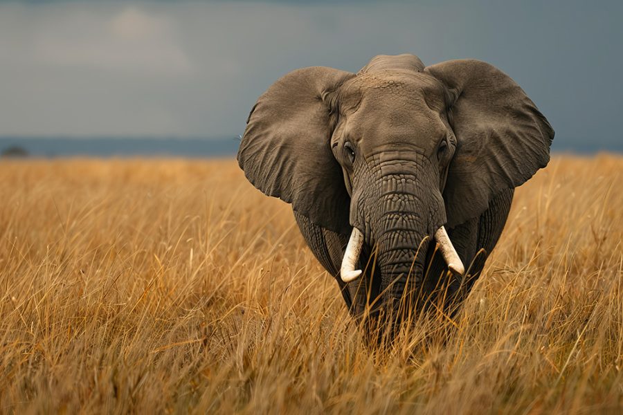 Large male african elephant is walking through the tall golden grass of the savanna