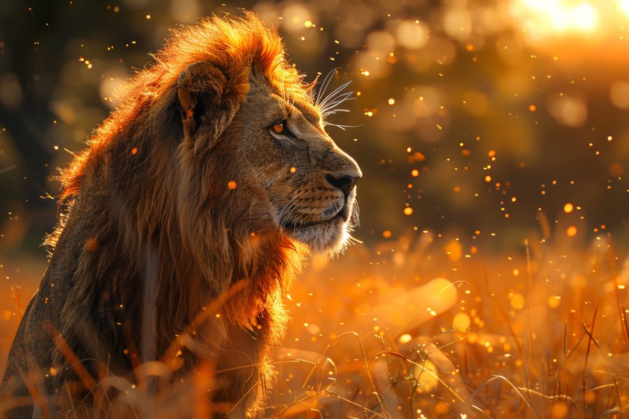 Mighty lion king of beasts in golden sunset light against savannah background, surrounded by sparkling dust particles. Symbol of power, majesty and wild nature. Predator against sunset background.