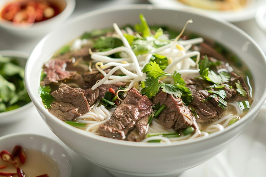 Vietnamese pho with beef, rice noodles, bean sprouts, and fresh herbs in a bowl.